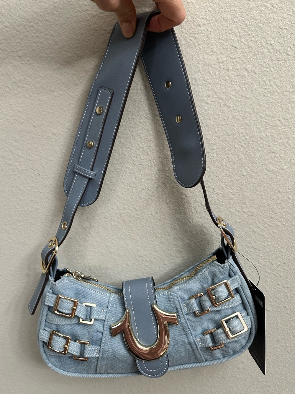 True Religion Light Blue Women's mini Shoulder Bag with Gold Accent NWT